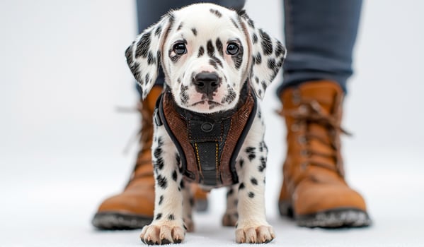 A small white dog wearing a harness stands in front of a person's foot. The dog appears to be curious and attentive, looking up at the person photo