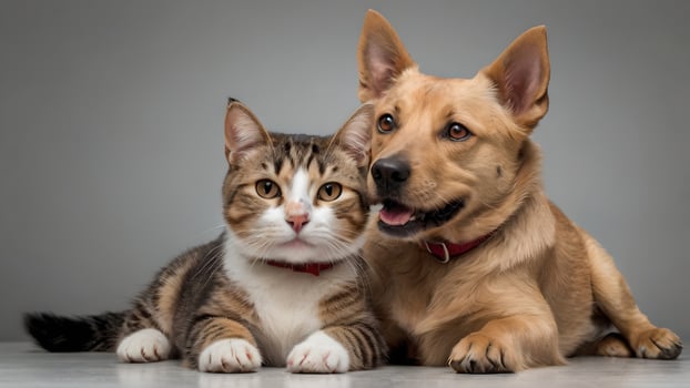 Cute Dog and Cat Friends Laying Together On White Background photo