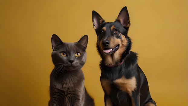 Black Cat and Brown Dog Together on a Yellow Background photo