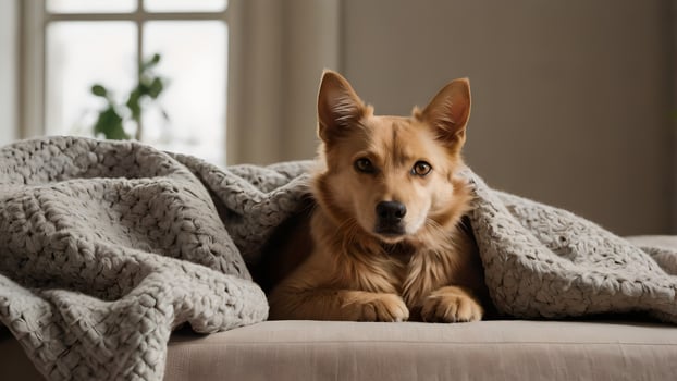 Cozy Dog Relaxing Under Blanket On Sofa photo