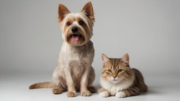 A Friendly Cat and Dog Posing Together on a White Background photo