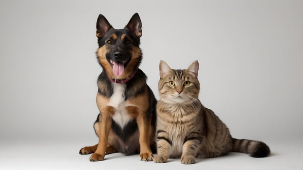 Friendly Cat and Dog Sitting Together on a White Background photo