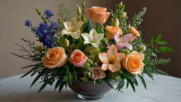Serene Peach and Blue Flower Arrangement in Wooden Bowl photo