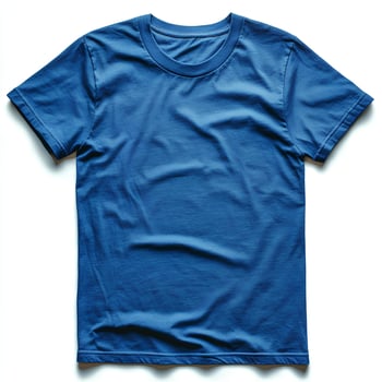 blue t shirt isolated on white background. blank blue shirt top view for fashion mockups and clothing designs. simple blue crewneck t shirt on white background flat lay photo
