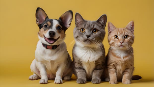 Happy Pets Posing Together on Yellow Background photo