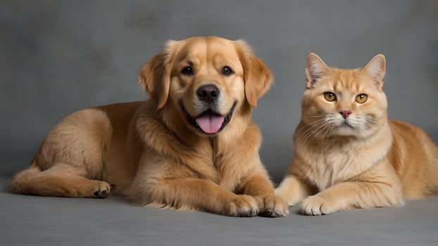 Golden Retriever and British Shorthair Cat Posing Together photo