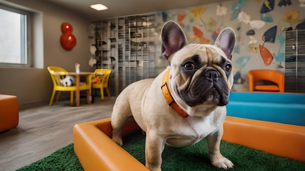 Happy French Bulldog Playing in a Colorful Doggy Daycare photo