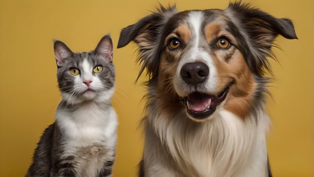 Happy Cat and Dog Friends on Yellow Background photo