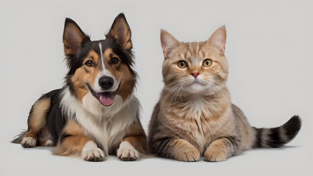 Happy Dog and Cat Posing Together on Gray Background photo