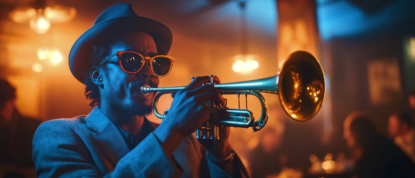 Musician plays trumpet in a vibrant jazz club filled with lively patrons photo