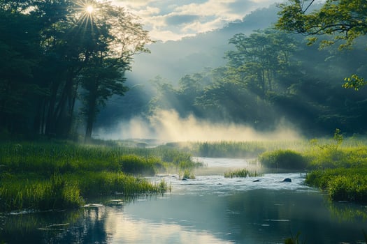 Serene riverbank with morning light and mist in a lush green landscape photo