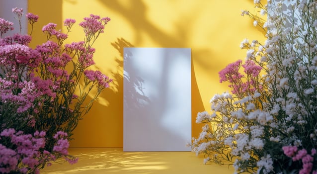 Bright yellow background with white flowers framing a blank card for creative designs photo