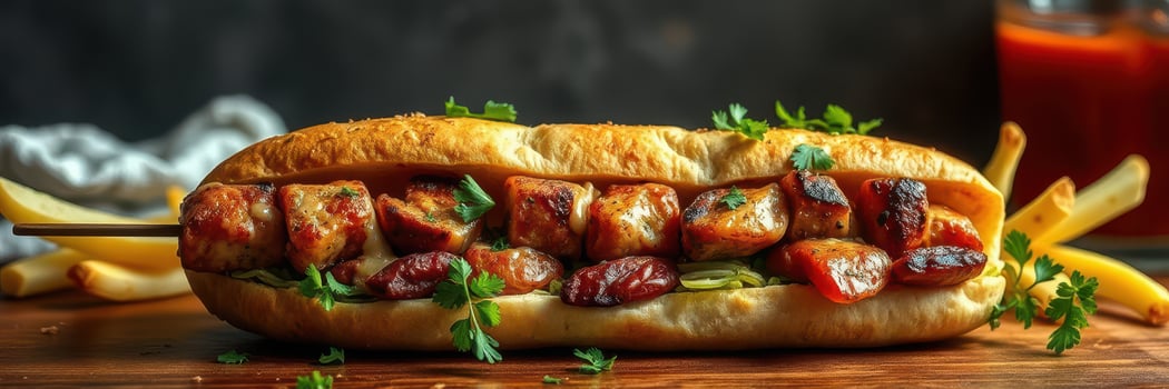 Delicious grilled sausage and vegetable sandwich served with fresh herbs and accompaniments on a wooden table photo