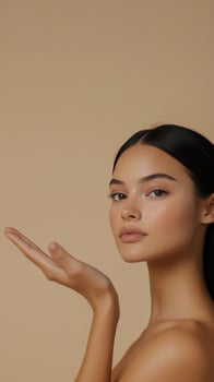 Model showcasing natural beauty with soft makeup and glowing skin in neutral background photo