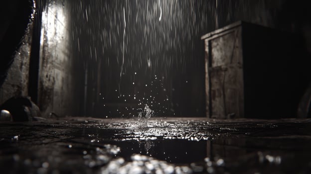 Dark interior with rain falling through a window creating a moody atmosphere photo
