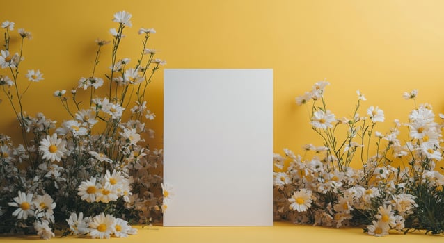 Bright yellow background with white flowers framing a blank card for creative designs photo