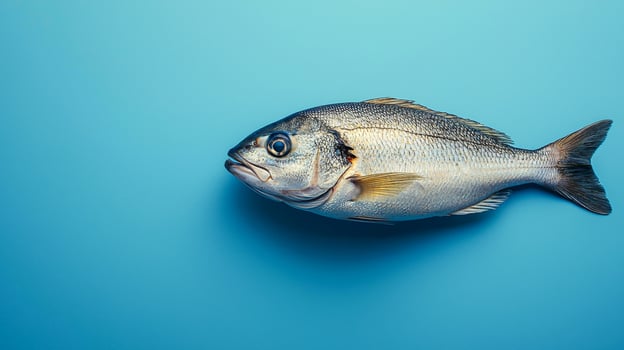 Fresh fish on blue, ready to cook. A whole fish lies on a vivid blue surface, showcasing its scales and natural colors, perfect for culinary preparation. photo