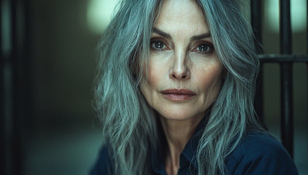 Portrait of a woman with gray hair indoors. A woman with striking gray hair gazes thoughtfully indoors, surrounded by soft lighting and shadows. photo