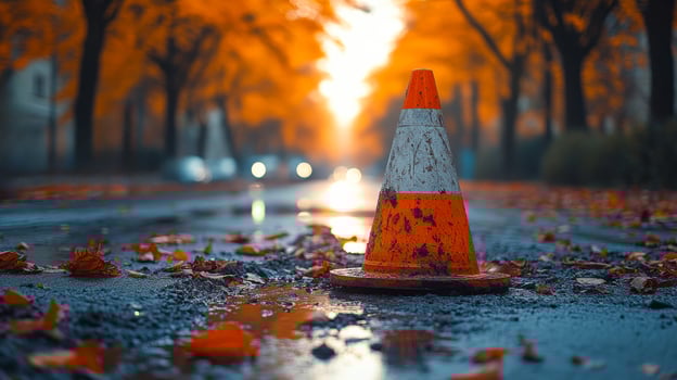Traffic cone on a rainy autumn day in a city. A traffic cone sits on a wet road surrounded by fallen leaves as evening light creates a warm atmosphere. photo