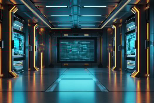 A sleek, futuristic hallway features illuminated screens and vibrant blue lighting. The metallic walls create a high-tech atmosphere, suggesting advanced technology in a sci-fi environment. photo