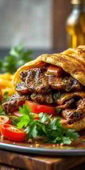 Grilled meat wrap with fresh vegetables served on a wooden table with garnishes and fries in a cozy setting photo