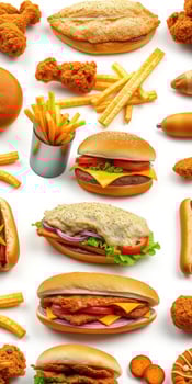 Delicious assortment of fast food items including burgers, fries, and chicken pieces on a white background photo