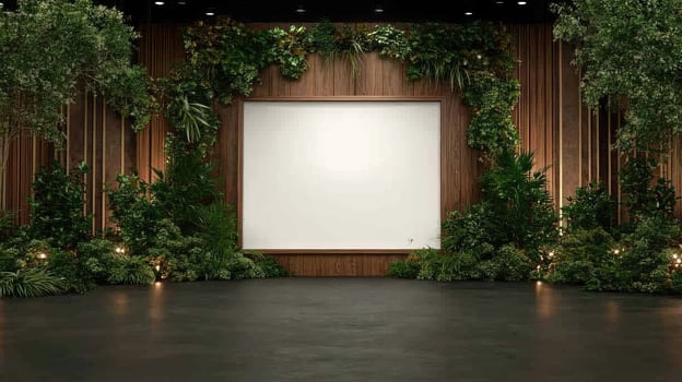 A blank white screen surrounded by greenery photo