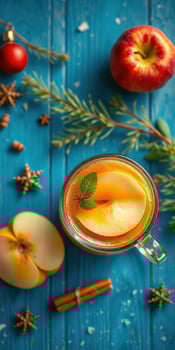 Warm apple cider with spices garnished with apple slices and mint on a vibrant blue wooden background photo