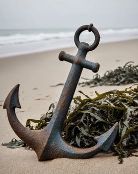 A rusty anchor is sitting on a beach covered in seaweed photo