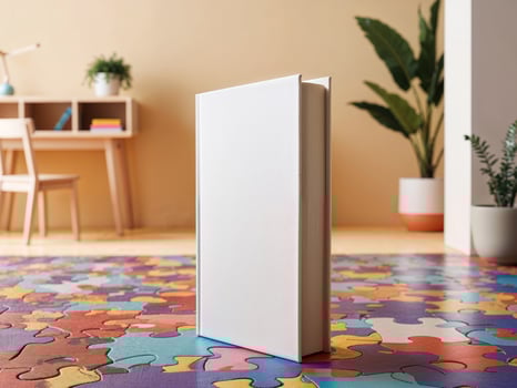 A white book on a colorful floor with puzzle pieces photo