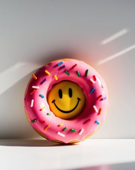 Pink donut with sprinkles and smiley face photo