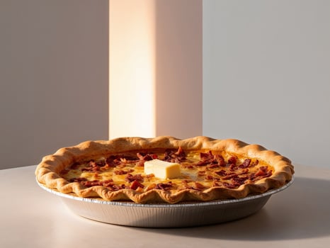 The edges of the pie bent slightly exposing the baking butter and bacon photo