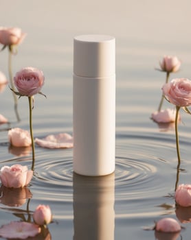 White Cosmetic Bottle with Floating Pink Roses and Water Reflection photo