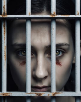 A woman behind bars with her eyes closed photo