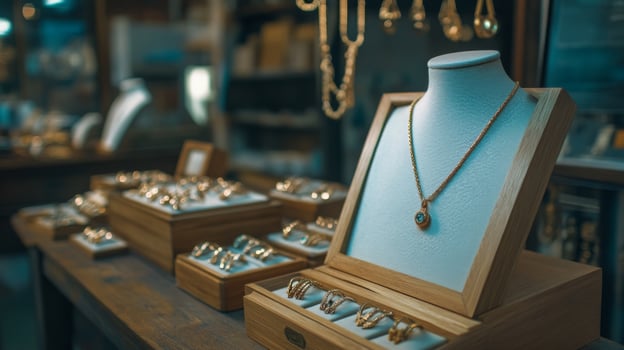 Inside a rustic shop, beautifully crafted gemstone jewelry is arranged on display. Necklaces, rings, and earrings glimmer under gentle lighting, capturing the essence of luxury and artistry. photo