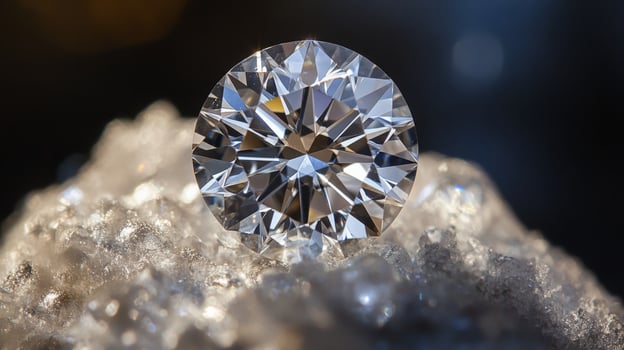 A bright gemstone shines vibrantly as it rests atop clear quartz crystals, reflecting light in a mesmerizing display. The setup highlights the intricate facets and brilliance of the jewel. photo