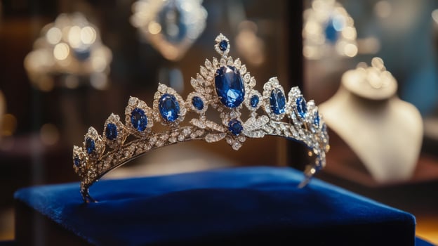 A luxurious tiara featuring numerous blue gemstones sits on a velvet cushion inside a well-lit jewelry showcase. The elegant design highlights the intricate detailing and brilliance of the gemstones. photo