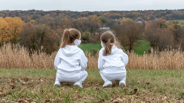 Two little girls in white outfits sitting on the ground photo