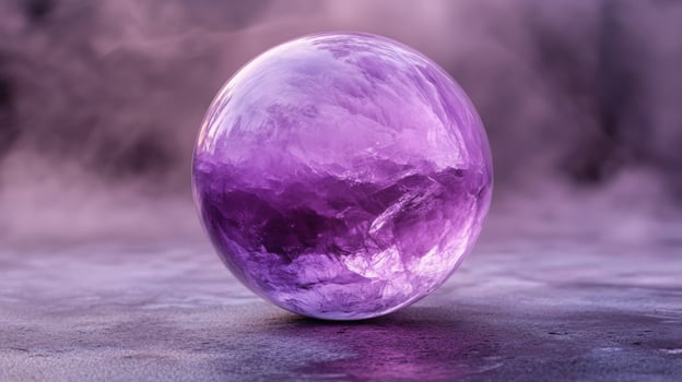 A stunning purple gemstone sphere sits peacefully on a soft surface, surrounded by a dreamy mist. The translucent stone shimmers, reflecting light and creating an enchanting ambiance. photo