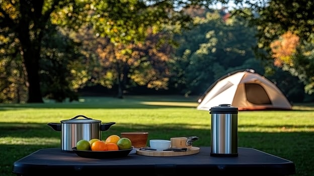 A camping table with a coffee pot, fruit and a tent photo