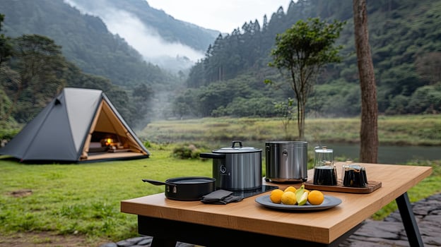 A table with a kettle, coffee pot and a tent photo