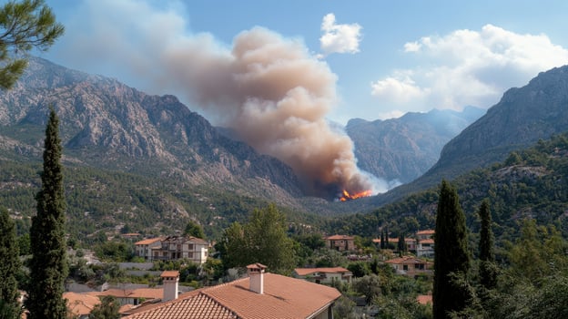 A fire is burning in the mountains photo