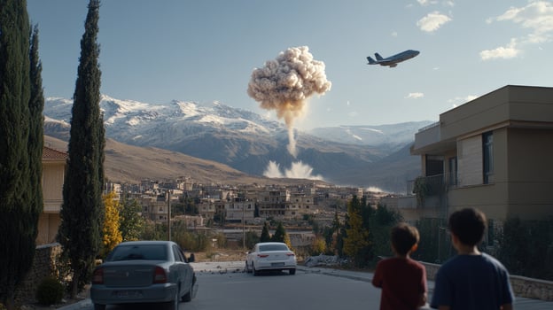 Two children watch a plane fly over a city photo