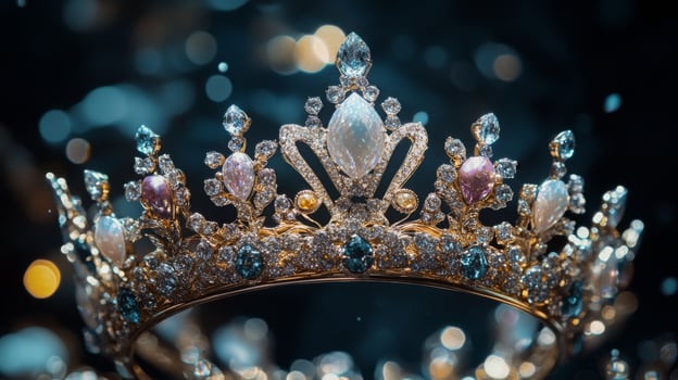 A stunning crown featuring a variety of gemstones sparkles under soft lighting. photo