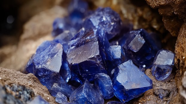 Bright blue gemstones rest among earthy tones in their natural habitat, highlighting the beauty and complexity of the crystal formations. This vibrant scene evokes a sense of wonder in nature. photo