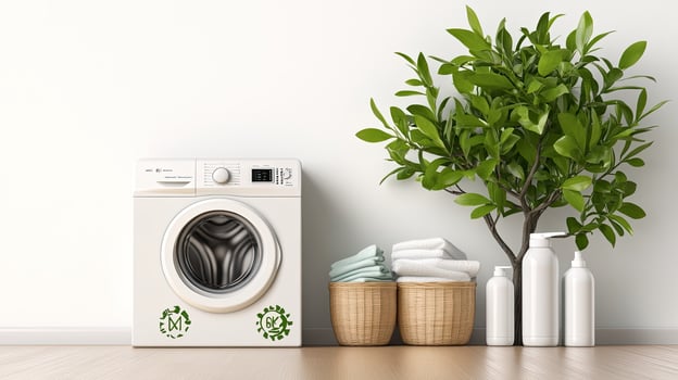 A washing machine and a plant in front of a white wall photo