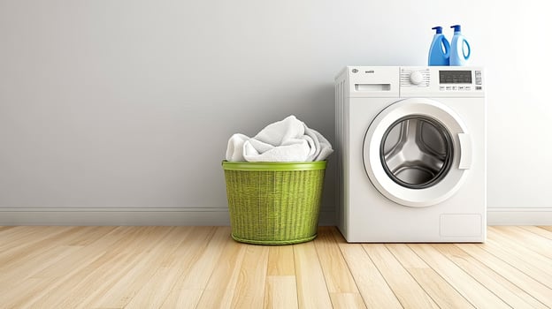A washing machine and a basket of laundry photo