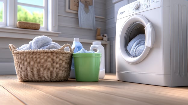 A washing machine and basket of laundry on a wooden floor photo