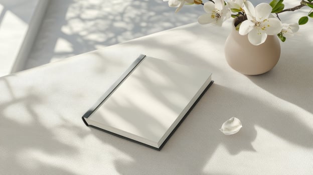 A white book and a vase of flowers on a table photo