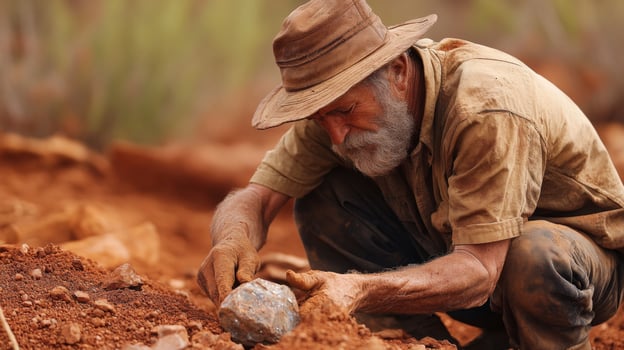 A skilled miner carefully extracts a gemstone from the earth, using traditional methods in a rugged outdoor setting. photo